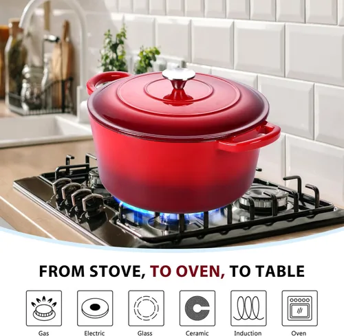 Miniatura 5 de E-far Horno holandés de hierro fundido esmaltado con tapa, olla redonda holandesa de 6 cuartos, utensilios de cocina antiadherentes para estofar