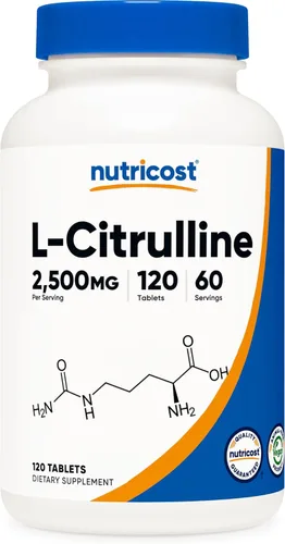 Nutricost L-citrulina 2500 mg por porción, 60 porciones, 1250 mg por tableta, 120 tabletas - Suplemento sin OMG y sin gluten