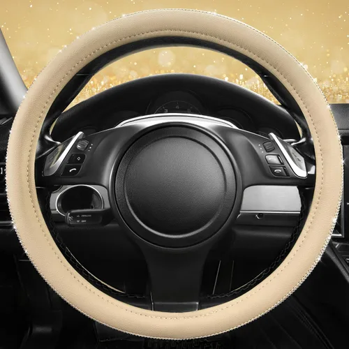 Miniatura 7 de CAR PASS Funda para volante de cuero beige con diamantes brillantes, cristales blancos brillantes con purpurina y pedrería, ajuste universal de 14
