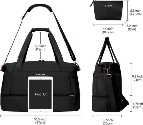 Miniatura 4 de ETRONIK Bolsa de viaje para mujer, bolsa de gimnasio con puerto de carga USB, bolsa de fin de semana con bolsillo para ropa húmeda y compartimento