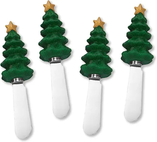 UP Esparcidores de queso para árbol de Navidad, asas de resina pintadas a mano con cuchillas de acero inoxidable para untar queso crema,