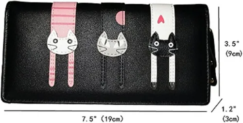 Miniatura 8 de Billetera con gato bonito monedero largo plegable con cierre para mujer M Negro