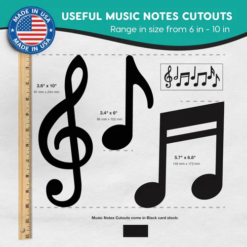 Miniatura 4 de 70 piezas de notas musicales negras recortadas decoraciones de fiesta musical en 7 diseños, cartulina fabricada en Estados Unidos, fácil de perforar