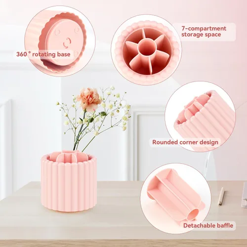 Miniatura 4 de yuntop Paquete de 1 organizador de brochas de maquillaje giratorio de 360°, soporte para brochas de maquillaje de 7 ranuras para tocador, tocador
