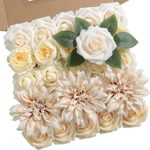 Miniatura 10 de rongflower Flores artificiales de aspecto real, color rosa polvoriento, rosas falsas de espuma con tallos, 25 piezas para bricolaje, bodas, Rosa