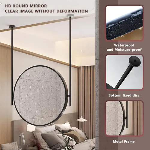 Miniatura 4 de Espejo redondo montado en el techo para baño, espejo de pared, espejo de barra colgante de techo, espejo de marco de metal negro, espejo decorativo