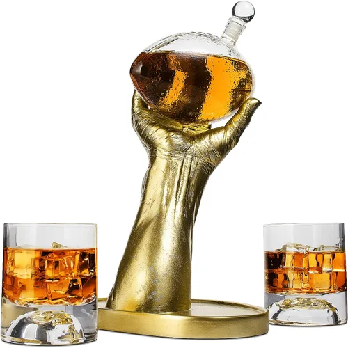 Regalos de fútbol para hombres, papá, decantador de whisky con mano realista de mariscal de campo + 2 vasos, juego y gafas, ideas de regalo de