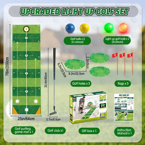 Miniatura 7 de VATOS Kids Golf Toy Set - Light Up Golf Game with 6.5ft Putting Mat, Golf Putter, 3 Holes, 4 Balls (2 Glow Balls), Indoor Outdoor Yard Family Glofer