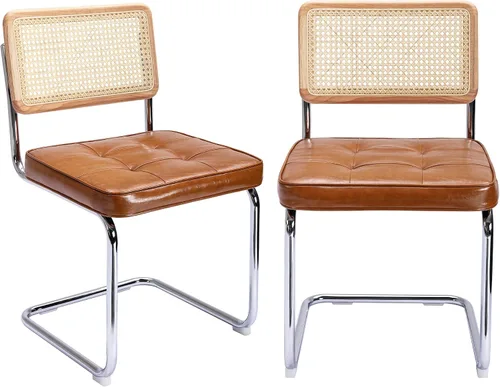Miniatura 8 de ONEVOG Juego de 2 sillas de comedor de piel sintética, sillas de cocina modernas de mediados de siglo con respaldo de ratán natural y patas de metal