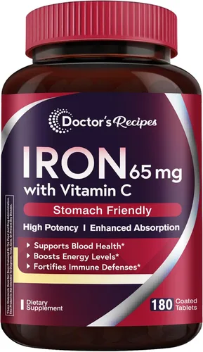 Doctor's Recipes Suplemento de hierro de 65 mg con vitamina C – Absorción maximizada y píldoras de hierro amigables con el estómago para la