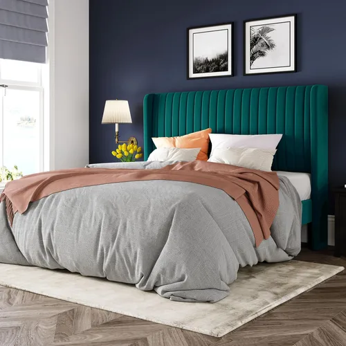 Miniatura 13 de Allewie - Base de cama tamaño King con cabecera acolchada en terciopelo y diseño acanalado vertical; plataforma de cama tapizada; listones de madera