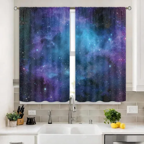 Miniatura 2 de Cortinas de cocina con diseño de galaxia para cocina, con bolsillo para barra, 27.5 pulgadas de ancho x 39 pulgadas de largo, decoración