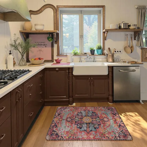 Miniatura 2 de Lahome Alfombra Floral Bohemio Medaillon - 2x3 Pequeña Alfombra de Baño Rosa Caliente, Alfombra de Cocina, Lavable a Máquina, Antideslizante, Suave