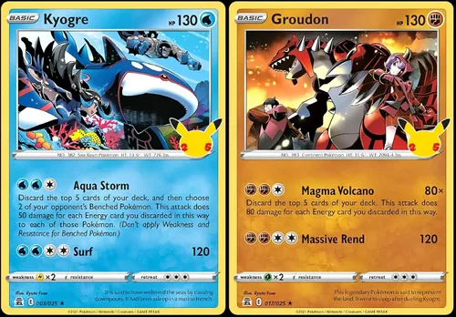 Kyogre & Groudon - Lote de cartas de celebración de Pokémon - Lámina holográfica legendaria - 017/025 y 003/026