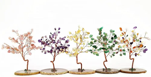 Miniatura 5 de Colorsheng Árbol de dinero de cristal de cuarzo Feng Shui, ágata natural, copos de geoda, base de geoda, decoración estilo bonsái para suerte y Verde