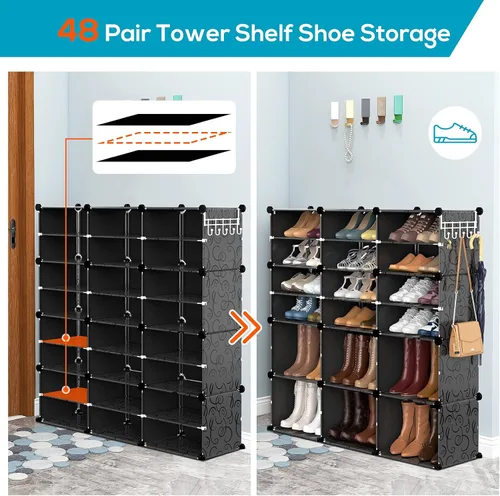 Miniatura 6 de VTRIN Organizador portátil de zapatos con 48 pares, torre de 4 niveles, estante para entrada, estante de almacenamiento, soporte para tacones