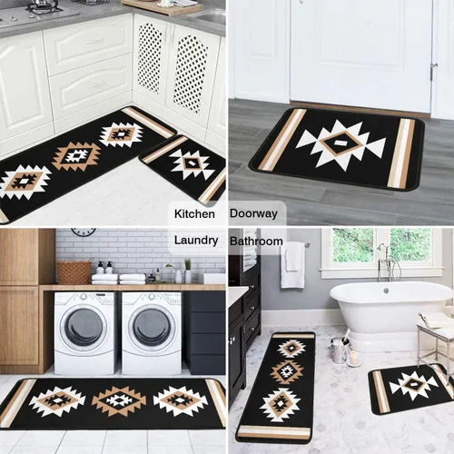 Miniatura 7 de Juego de 2 tapetes de cocina estilo bohemio para cocina, diseño azteca occidental, color negro, antideslizantes, lavables, para el suelo, 2 piezas