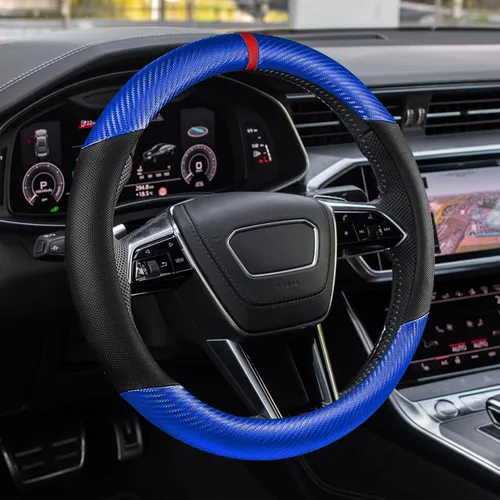 Miniatura 13 de Funda para volante de automóvil, accesorios para volante, cuero de microfibra de 15 pulgadas, fibra de carbono, suave, antideslizante, transpirable
