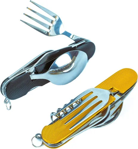 Cluck Juego de cubiertos de camping multifunción 6 en 1 desmontable con cuchara, tenedor, cuchillo, juego de cocina con bolsa de transporte (Oro +