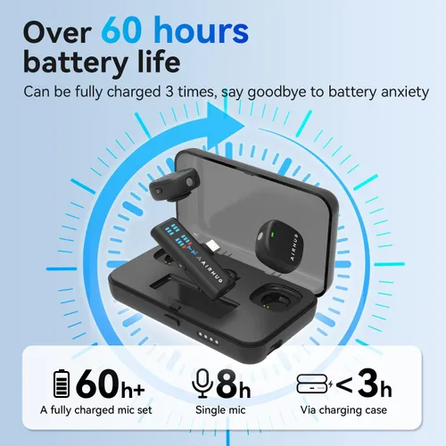 Miniatura 5 de AIRHUG Micrófono Lavalier inalámbrico para iPhone/Android/PC, batería de 60 horas, 48 KHz 24 bits, relámpago Plug-Play/USB-C, 3 modos de grabación