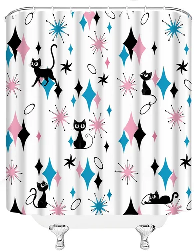 Miniatura 5 de GCTNBJL Mid Century Atomic Cat Shower Curtain Blue Pink Diamond Black Cat Stars Modern Abstract Geometric 1950s 1960s Retro 36x70(WxH) Inches