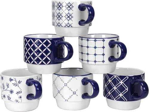 Miniatura 12 de Schliersee Juego de 6 tazas de café de cerámica blanca de 12 onzas, elegantes tazas de café en relieve para café, té, leche, cacao, cereales Tazas