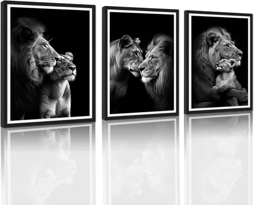 Miniatura 14 de 3 piezas modernas de lienzo de león de animales salvajes, pinturas de retratos de familia de leones, decoración de pared, obras de arte de sala