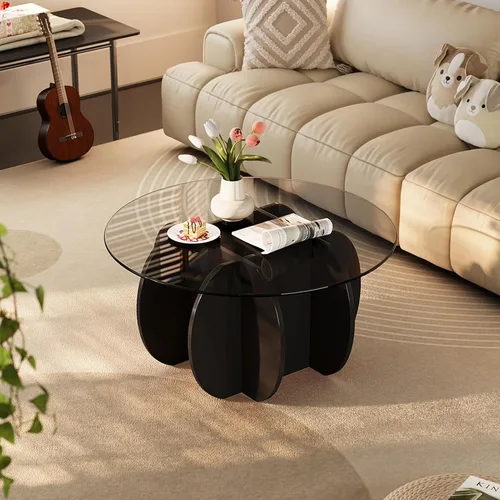 Miniatura 7 de Mesa de centro para sala de estar, mesa central redonda moderna de mediados de siglo con parte superior de cristal, color negro