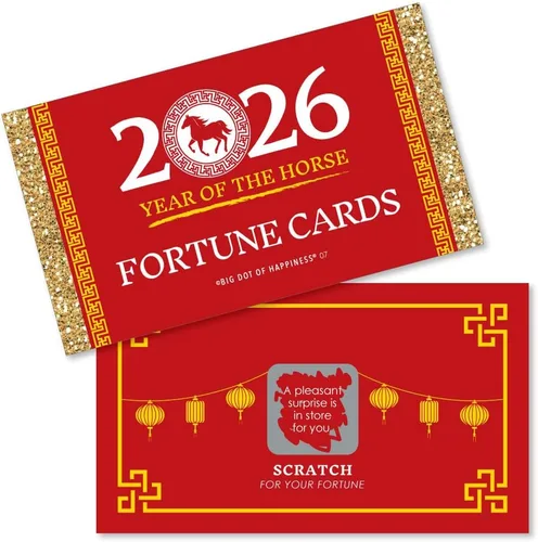 Big Dot of Happiness Año Nuevo Chino - 2026 Año del Caballo Juego Tarjetas de la Fortuna para Rascar - 22 Unidades