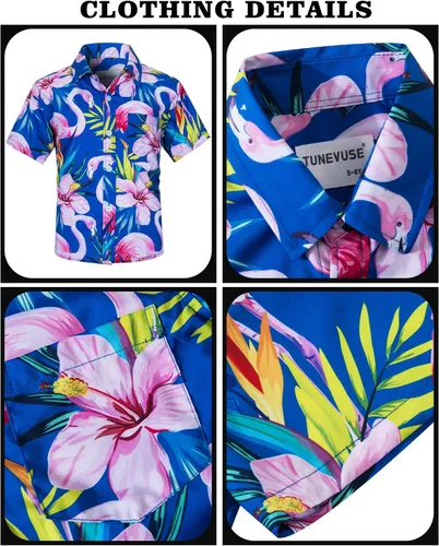 Miniatura 3 de TUNEVUSE Little & Big Boys - Conjunto de camisas hawaianas con botones y pantalones cortos con sombrero de pescador, trajes de verano estampados