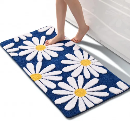 Miniatura 25 de QJHOMO Alfombra de baño azul con diseño de margaritas, decoración de flores blancas y amarillas, alfombra antideslizante de microfibra, súper Azul
