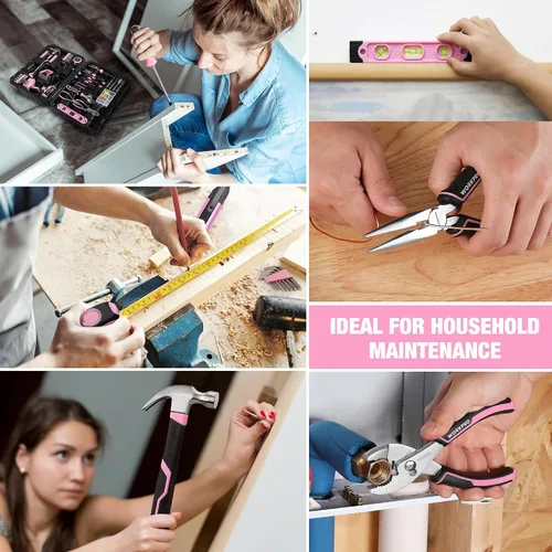 Miniatura 6 de WORKPRO Taladro Atornillador Inalámbrico Rosa de 20V y Juego de Herramientas para el Hogar, Kit de Herramientas Manuales de 141 Piezas