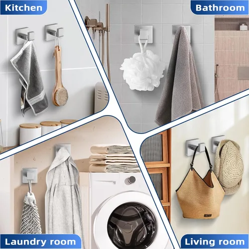 Miniatura 2 de Ganchos de toallas de níquel cepillado para baños, gancho moderno de acero inoxidable resistente montado en la pared, paquete de 4, ideal
