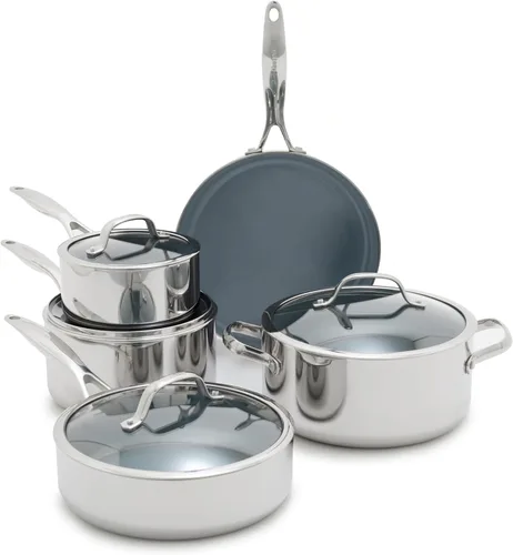 GreenPan Valencia Pro - Juego de utensilios de cocina de 9 piezas de acero inoxidable de tres capas, revestimiento antiadherente de cerámica sin