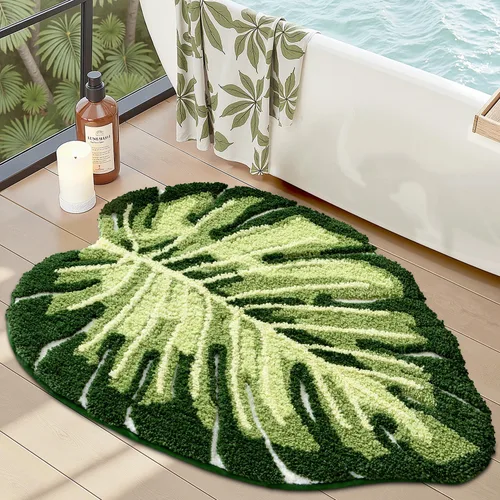 LUMI Lindas alfombras de baño con plantas de hoja verde, suaves, esponjosas, de felpa, absorbentes, de secado rápido, antideslizantes, lavables a