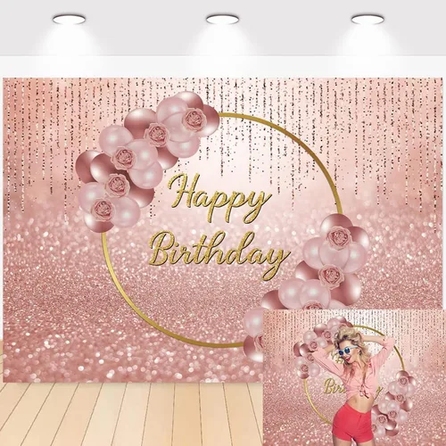 Miniatura 6 de Fondo de cumpleaños rosa dorado con purpurina y flores de rosa, 7 x 5 pies, para niñas, dulces 16, 21, 30 años, decoración de pastel de fiesta, mesa