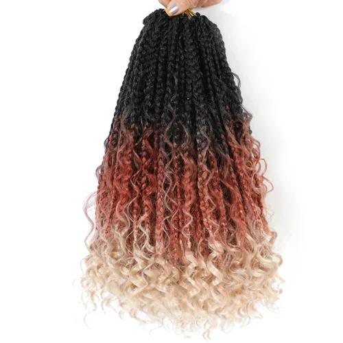 Miniatura 22 de Wodun Extensiones de cabello de ganchillo Goddess de 14 pulgadas, trenzas de caja con extremos rizados 3X estilo bohemio, extensiones de cabello