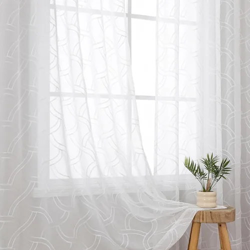 Miniatura 48 de VISIONTEX Cortinas traslúcidas blancas de 63 pulgadas de largo, juego de 2 paneles de bordado marroquí con puntos beige, tela de gasa bordada