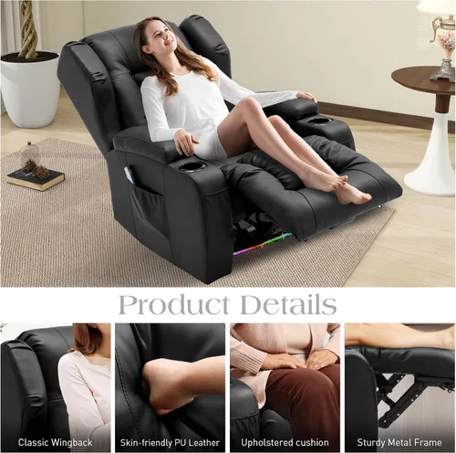 Miniatura 7 de Sillas reclinables eléctricas para adultos con masaje y calor, silla reclinable individual de piel sintética, sofá reclinable reclinable para cine
