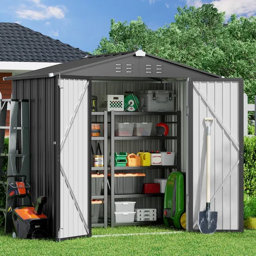 Miniatura 18 de Gizoon Cobertizo de almacenamiento para exteriores de 8 x 6 pies, cobertizo de jardín de metal galvanizado con puertas dobles con cerradura, Marrón
