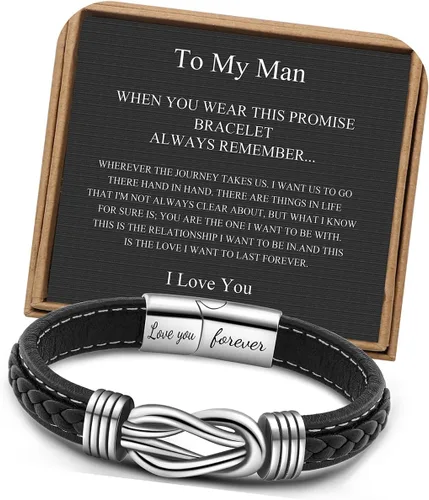 Miniatura 14 de Pulseras de nudo JoycuFF Regalos para hombres Marrón cuero trenzado acero inoxidable pulseras de infinito con inscripción Amor eterno Regalos