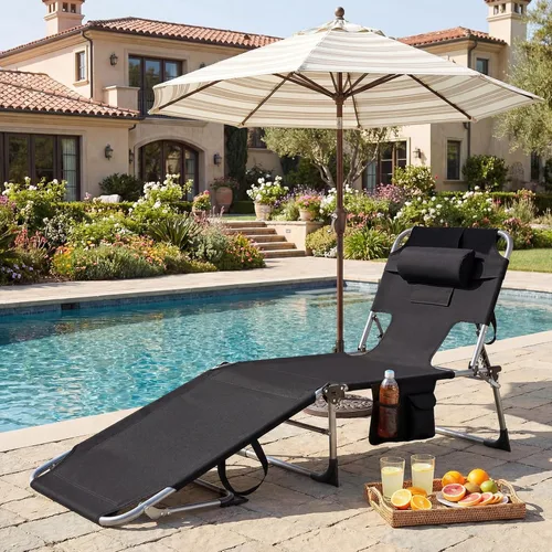 Miniatura 2 de Tangkula Silla de bronceado con agujero frontal, plegable y ajustable para patio, silla reclinable, para playa, tomar el sol, con bolsillo lateral
