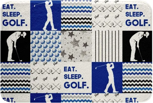 Alfombra de baño deportiva para niños, alfombra de baño de golf geométrica a rayas antideslizantes, alfombra de baño de lana cuadriculada esponjosa