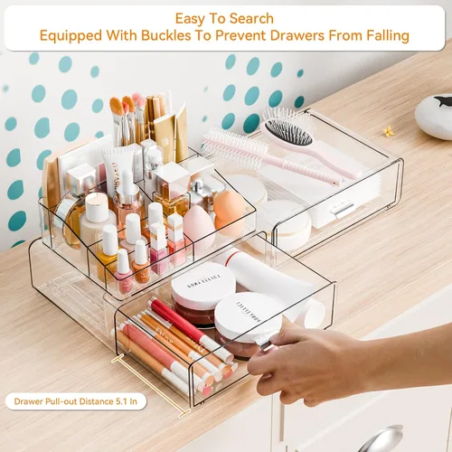 Miniatura 2 de Yieach Organizadores de maquillaje de 3 niveles en acrílico transparente con 2 cajones, soporte de maquillaje tiered de escritorio y organizadores