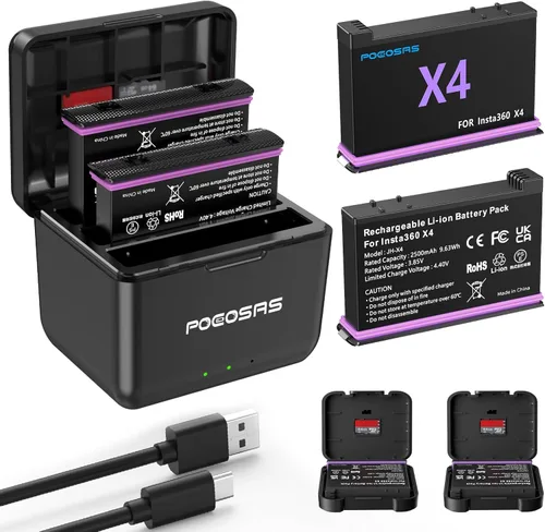 Batería de 360 X4 para insta360 x4, paquete de 2 unidades de 2500 mAh y 3 canales tipo C cargador rápido compatible con baterías de cámara de acción