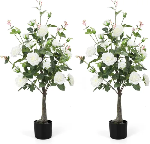 Miniatura 13 de Romantic Season 2FT Orange Artificial Camellia Tree 2Pack, Faux Camellia Plant Fake Potted Camellia Flower Tree for Modern Home Office Living Room