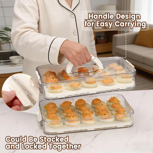 Miniatura 3 de Recipientes de huevos con tapa de 2 capas con tapa, bandeja de plástico para huevos con asa para 40 huevos, almacenamiento portátil transparente