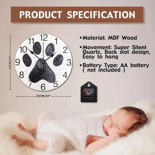 Miniatura 7 de Reloj de pared con estampado de pata de perro negro, reloj de madera de 10 pulgadas, silencioso, sin tictac, funciona con pilas, para sala de estar