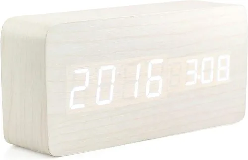 Miniatura 7 de OCT17 Reloj despertador digital de madera, reloj despertador LED multifunción de madera con fuente de alimentación USB, control de voz, Bambú