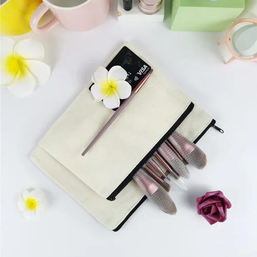 Miniatura 5 de Koolmox 20 bolsas de lona beige con cremallera negra, bolsa de artículos de tocador de lona de algodón, bolsas de cosméticos lisas a granel